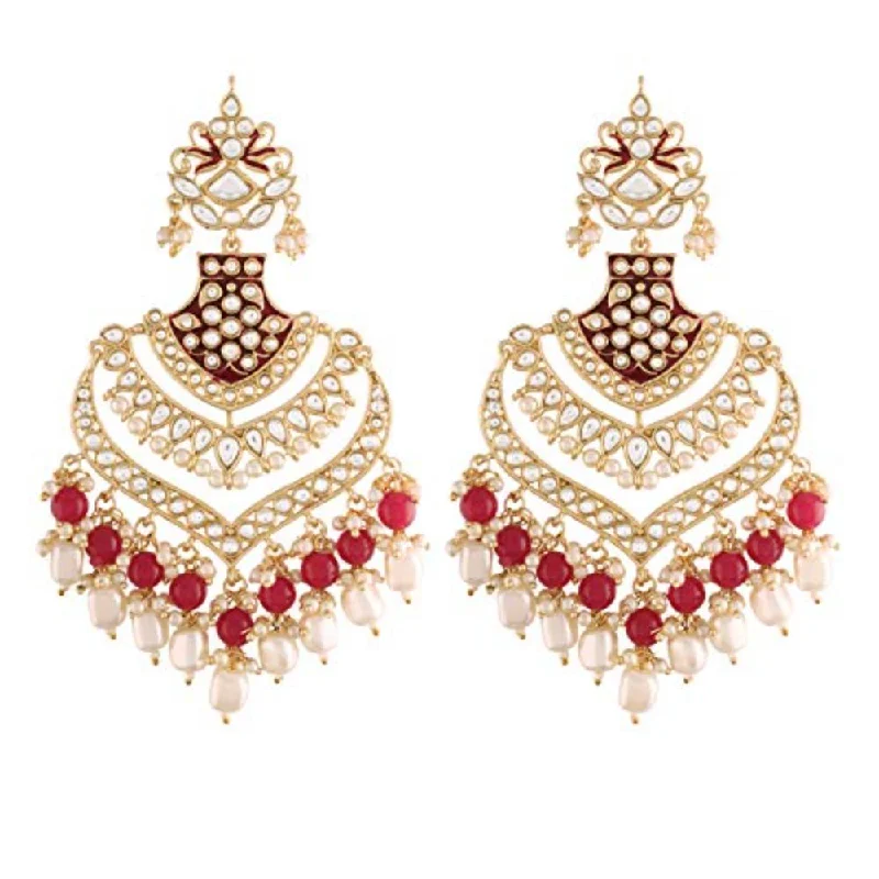 women’s gold earrings-Etnico Maroon 18K Gold Plated Alloy Ruby Enamel Glided with Kundans and Pearls Intricately Designed Traditional Long Earrings for Women (E2903M)