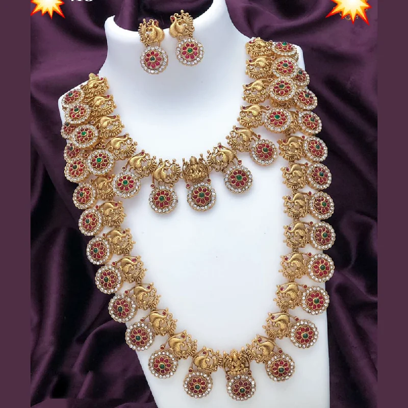 women’s engraved necklace-India Art Gold Plated Pota Stone Temple And Peacock Necklace Combo Set