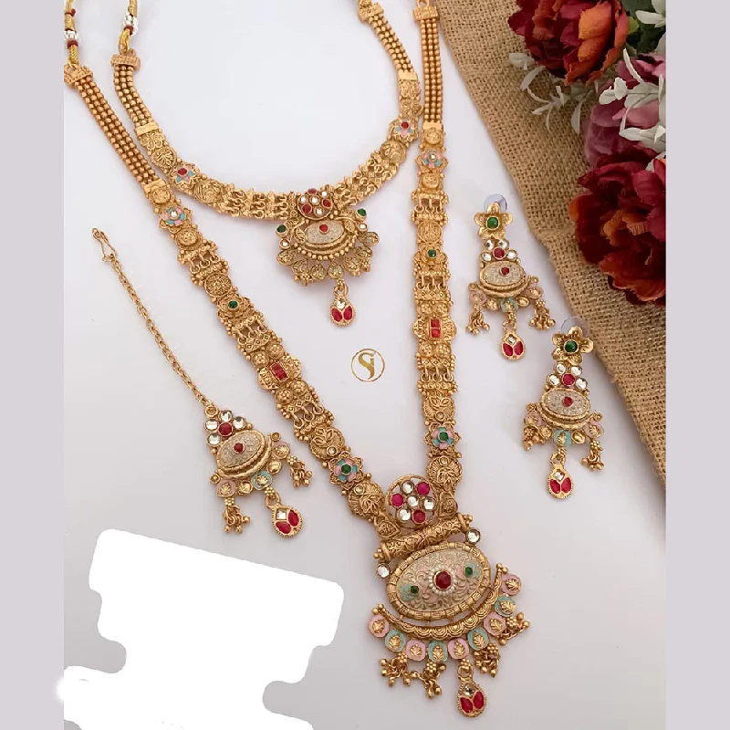 women’s luxury diamond necklace-FS Collection Gold Plated Pota Stone And Meenakari Double Necklace Set