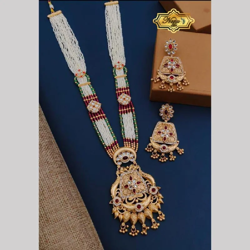 women’s gold necklace set-Neetu Art Gold Plated Pota Stone And Pearl Long Necklace Set