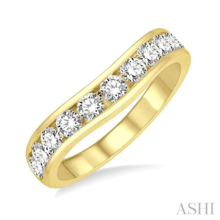 women’s birthstone wedding ring-1 Ctw Round Cut Diamond Inlay Wedding Band in 14K Yellow Gold