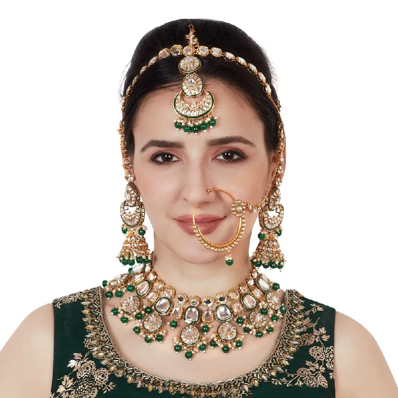 women’s wedding necklace-Neetu Art Gold Plated Kundan Stone And Beads Semi Bridal Necklace Set