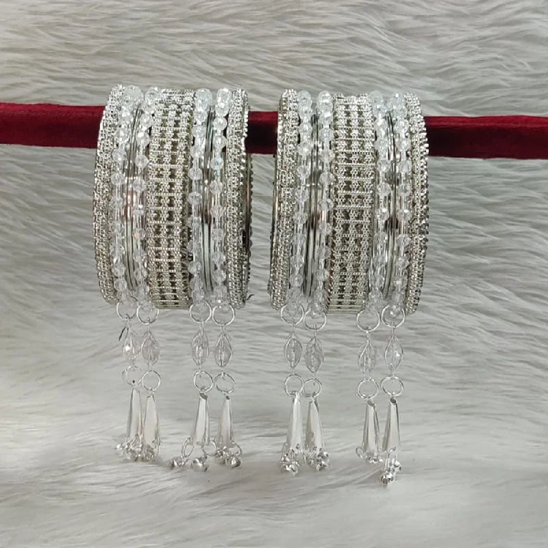 women’s cuff bangle-Pooja Bangles Silver Plated Crystal Stone Bangle Set