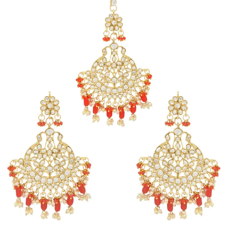 women’s dangling earrings-Etnico Gold Plated Traditional Big Kundan & Pearl Chandbali Earrings with Maang Tikka Set for Women/Girls (TE3013R)