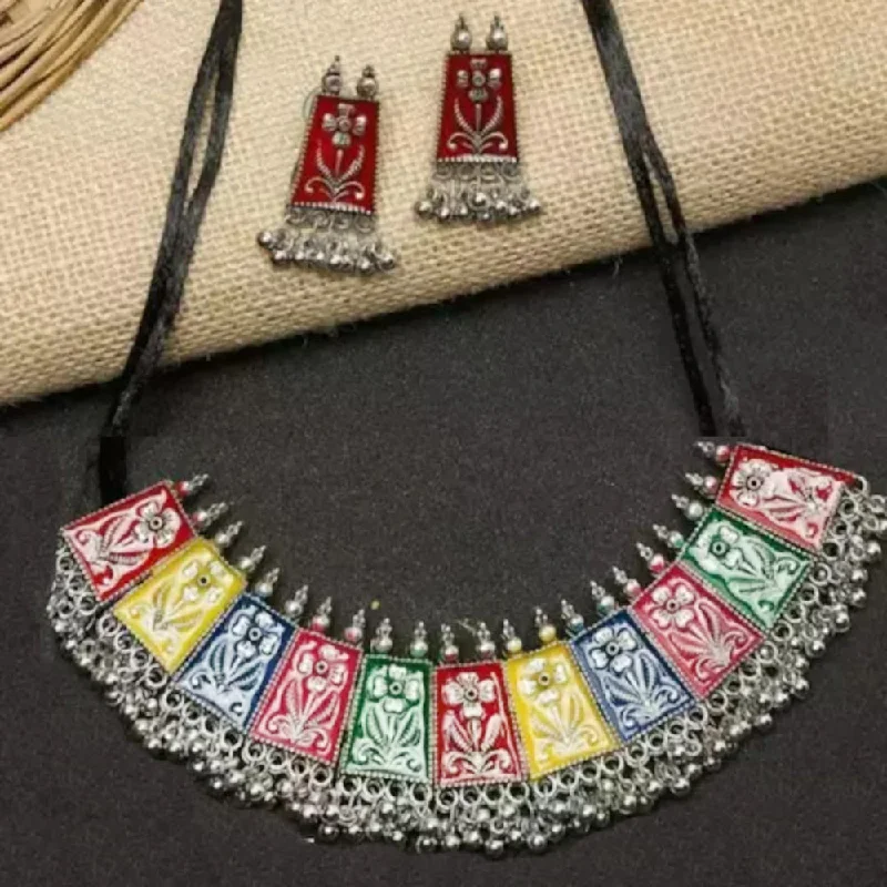 women’s birthstone pendant necklace-Bevy Pearls Oxidised Plated Choker Meenakari Necklace Set