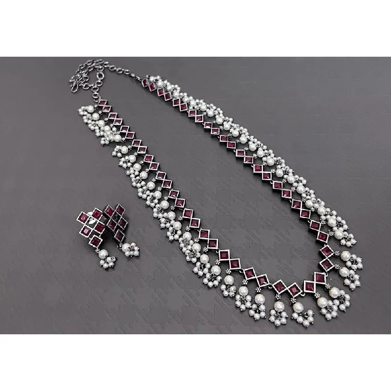 women’s luxury diamond necklace-Akruti Collection Oxidised Plated Pearl And Pota Stone Long Necklace Set