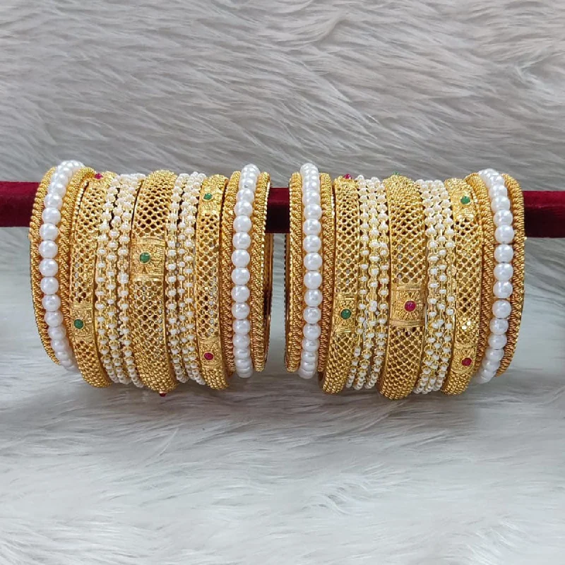 women’s sterling silver bracelet-Pooja Bangles Gold Plated Pota Stone And Pearl Bangle Set