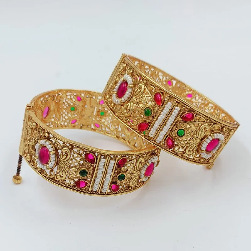 women’s silver tennis bracelet-Pooja Bangles Gold Plated Kundan Openable Bangles Set