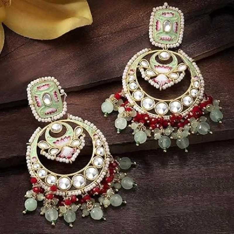 women’s vintage diamond earrings-Etnico Gold Plated Traditional Meenakari Kundan & Pearl Dangle Chandbali Earrings For Women (E2926Min)