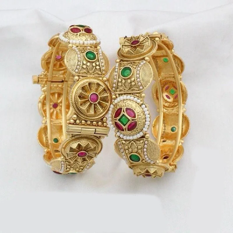 women’s friendship bracelet-Kavita Art Gold Plated Pota Stone And Pearl Openable Bangles Set