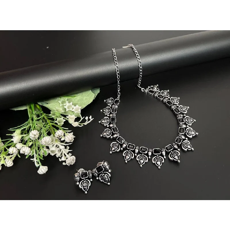 women’s heart-shaped necklace-Akruti Collection Oxidised Plated Pota Stone Necklace Set