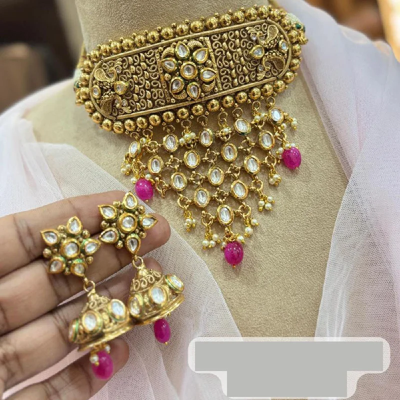 women’s fine necklace-Jewel Addiction Gold Plated Kundan Stone And Pearls Choker Necklace Set