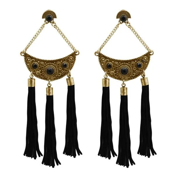 women’s round earrings-Jeweljunk Black Stone Antique Gold Thread Earrings