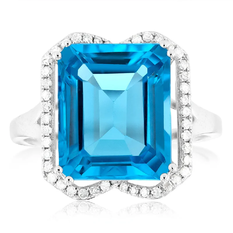 women’s round engagement ring-9ct White Gold Natural Blue Topaz And Diamond Ring