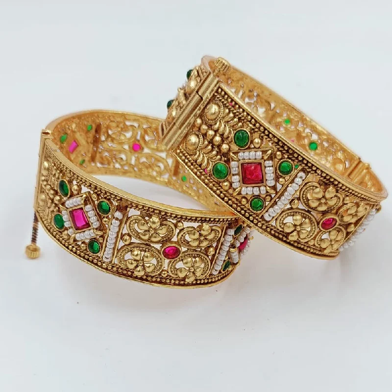 women’s adjustable gold bracelet-Pooja Bangles Gold Plated Kundan Openable Bangles Set