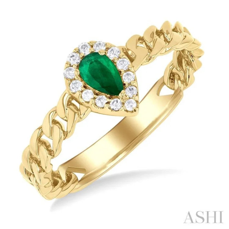 women’s diamond halo ring-1/10 ctw Cuban Link 5X3MM Pear Cut Emerald and Round Cut Diamond Halo Precious Ring in 10K Yellow Gold