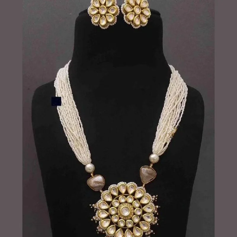 women’s layered gold necklace-FS Collection Gold Plated Kundan Stone And Pearls Long Necklace Set