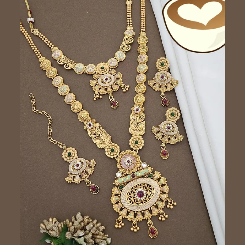 women’s vintage diamond necklace-FS Collection Gold Plated Pota Stone And Meenakari Double Necklace Set