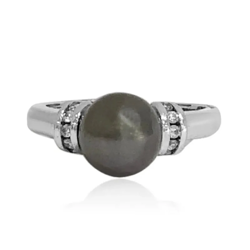 women’s antique engagement ring-White Gold Black Pearl and Diamond Ring