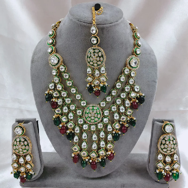 women’s gold chain necklace-Akruti Collection Gold Plated Kundan Stone Beads And Pearls Meenakari Necklace Set