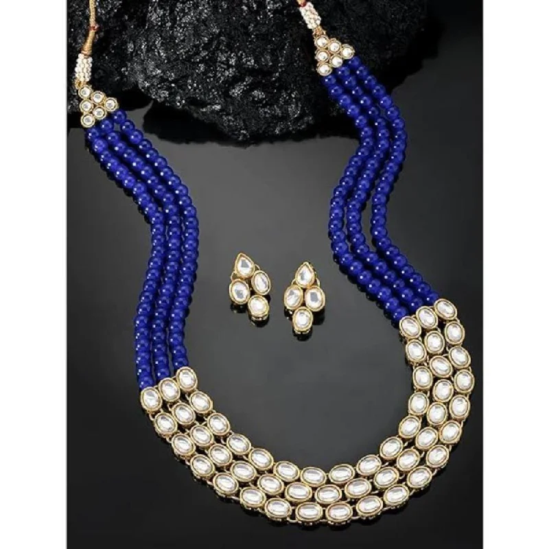 women’s heart necklace-Etnico Gold Plated Traditional Stunning White Kundan Studded Layered Pearl Necklace Jewellery Set with Earrings For Women/Girls (IJ376) (Blue)