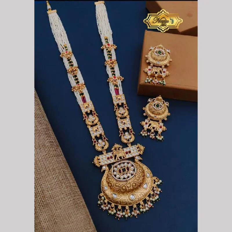 women’s luxury sapphire necklace-Neetu Art Gold Plated Pota Stone And Pearl Long Necklace Set