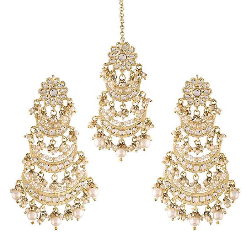 women’s moonstone earrings-Etnico 18k Gold Plated 3 Layered Pearl Kundan Chandbali Earrings with Maang Tikka for Women (TE2859)