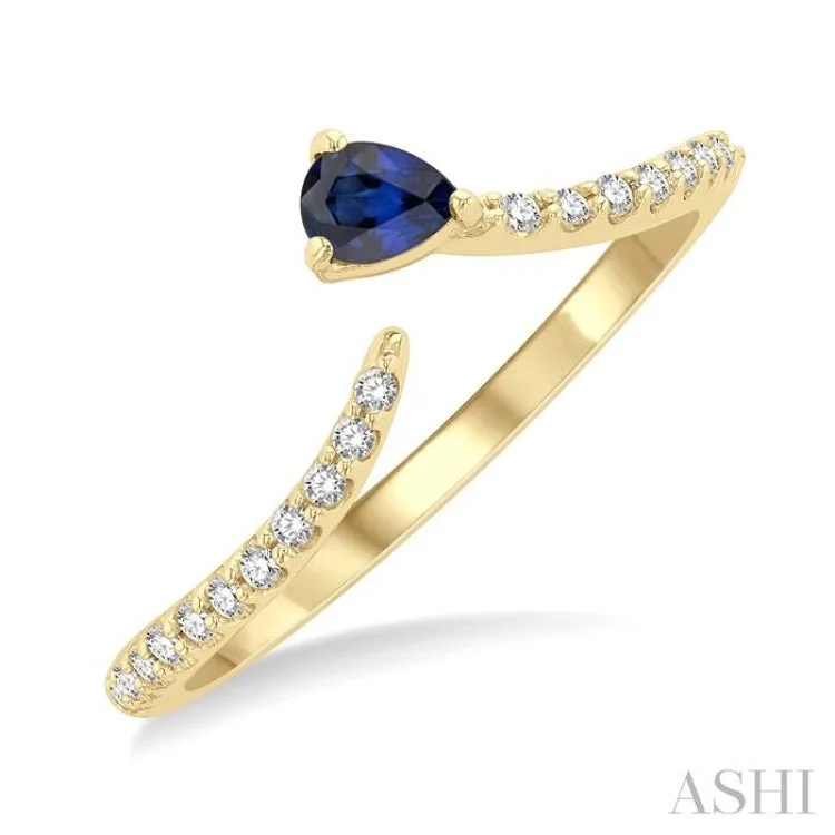 women’s boho style ring-1/10 ctw Petite 4X3MM Pear Cut Sapphire and Round Cut Diamond Precious Fashion Ring in 10K Yellow Gold