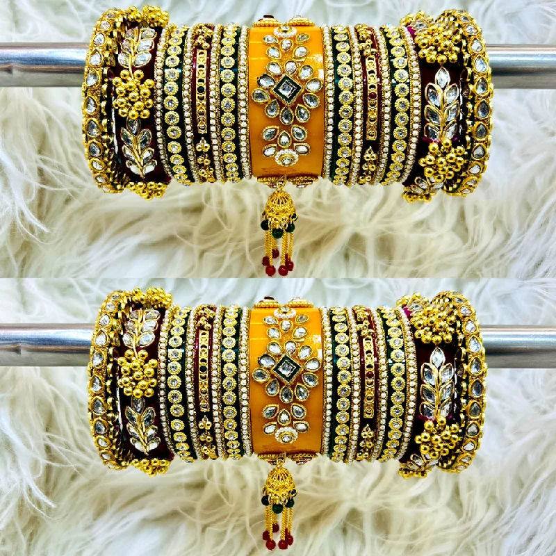 women’s customized bracelet-Shagna Antique Gold Austrian Stone And Kundan Bangles Set