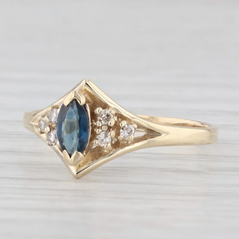 women’s vintage-inspired engagement ring-0.35ctw Marquise Blue Sapphire Diamond Ring 10k Yellow Gold Size 6.75