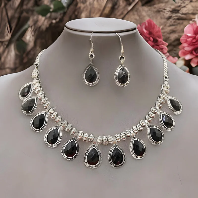 women’s silver chain necklace-Bevy Pearls Oxidised Plated Crystal Stone Necklace Set