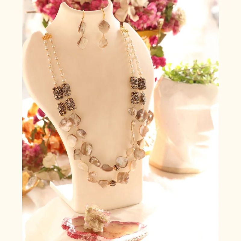 women’s decorative necklace-FS Collection Gold Plated Mother Of Pearls Long Necklace Set