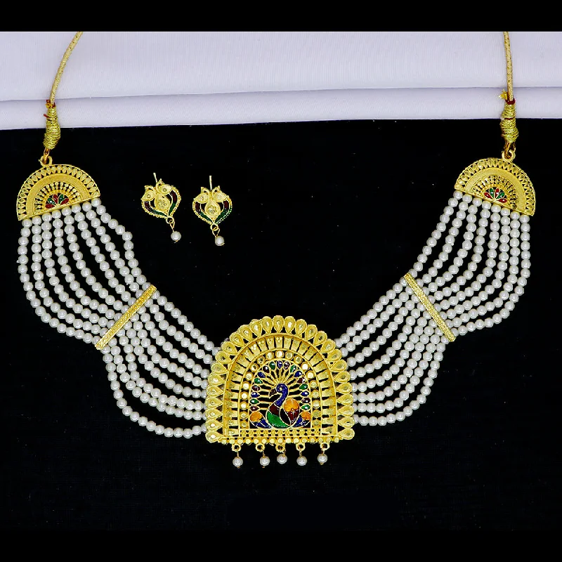 women’s vintage necklace-Mahavir Gold Plated Pearls Meenakari Necklace Set