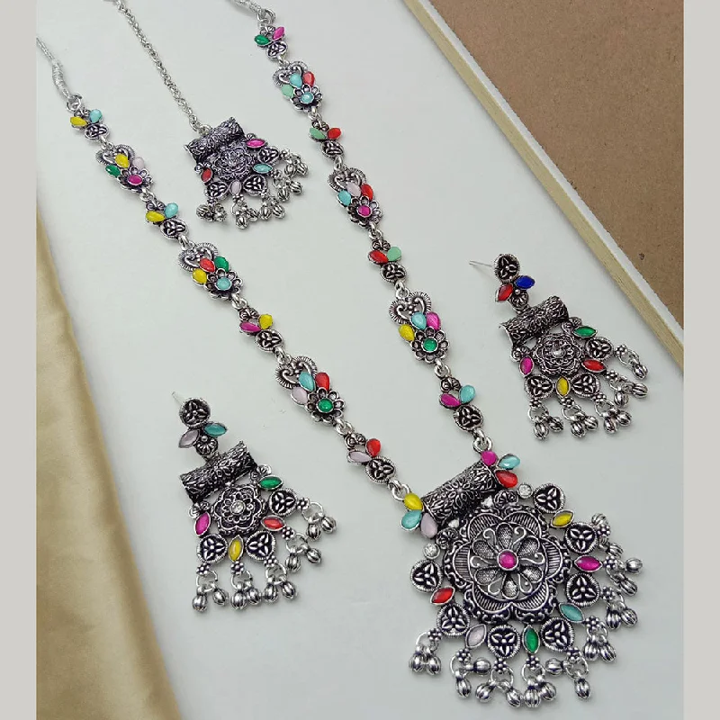 women’s matching pendant necklace-SP Jewellery Oxidised Plated Pota Stone Necklace Set