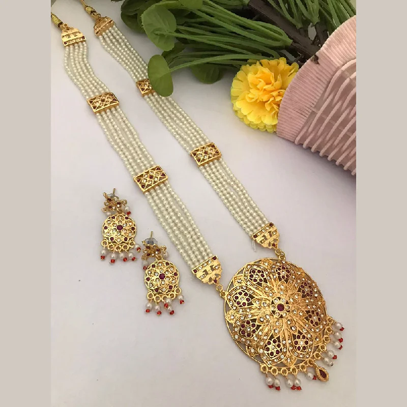 women’s multi-layered necklace-FS Collection Gold Plated Austrian Stone Pearls Necklace Set