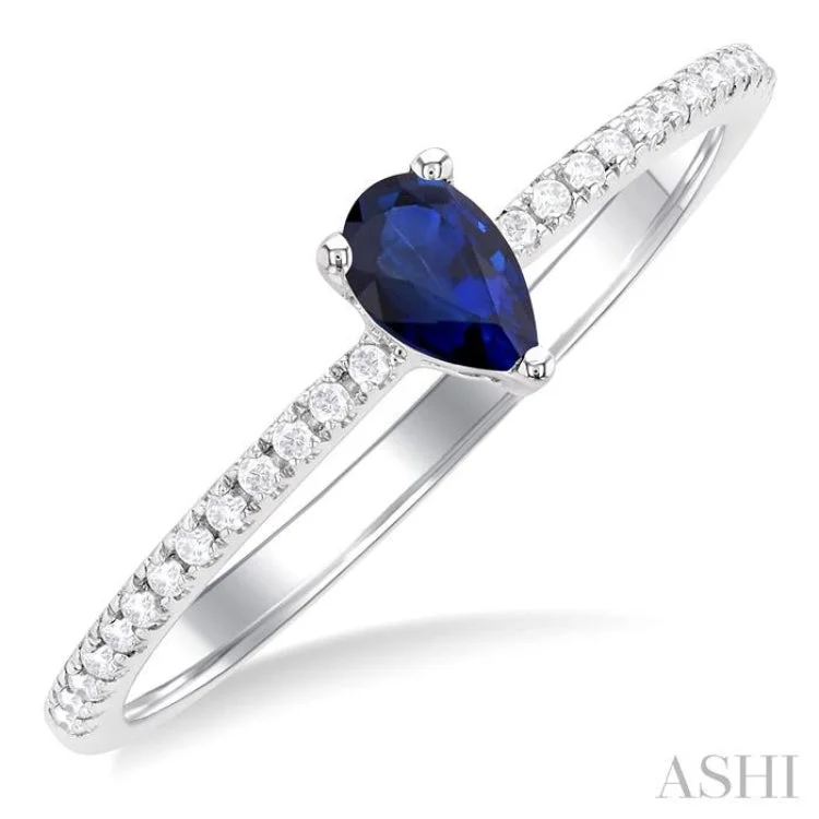 women’s diamond halo ring-1/10 ctw Petite 5X3MM Pear Cut Sapphire and Round Cut Diamond Precious Fashion Ring in 10K White Gold