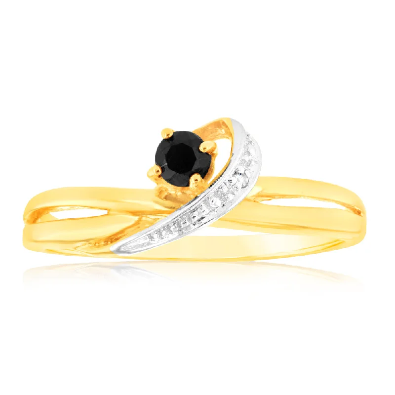 women’s vintage-inspired engagement ring-Natural 3mm Round Sapphire & Diamond Ring in 9ct Yellow Gold