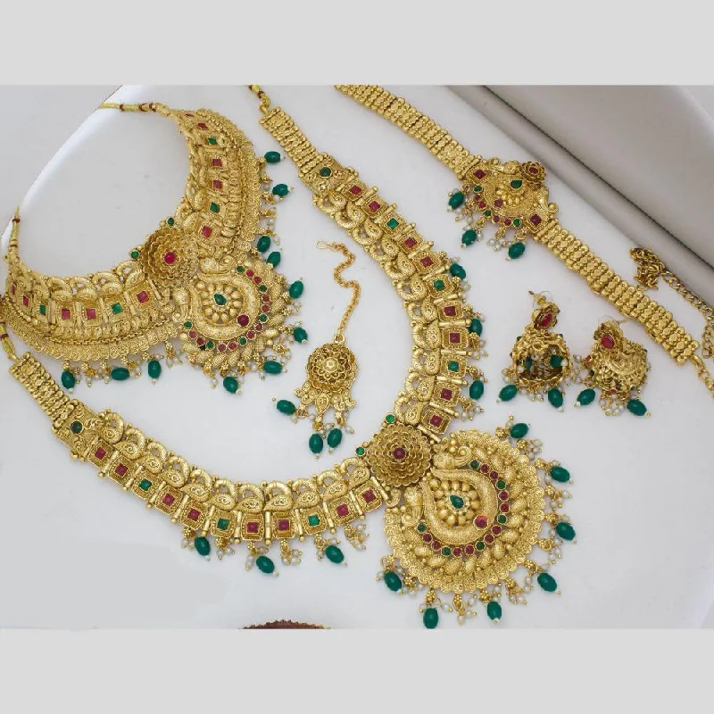 women’s layered gold necklace-Manisha Jewellery Gold Plated Pota Stone And Beads Semi Bridal Necklace Set