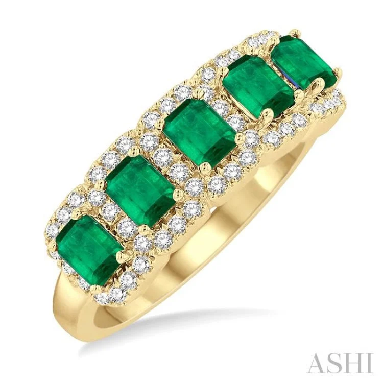 women’s gold band ring-1/2 ctw Octagonal Shape 4x3MM Precious Emerald and Round Cut Diamond Wedding Band in 14K Yellow Gold