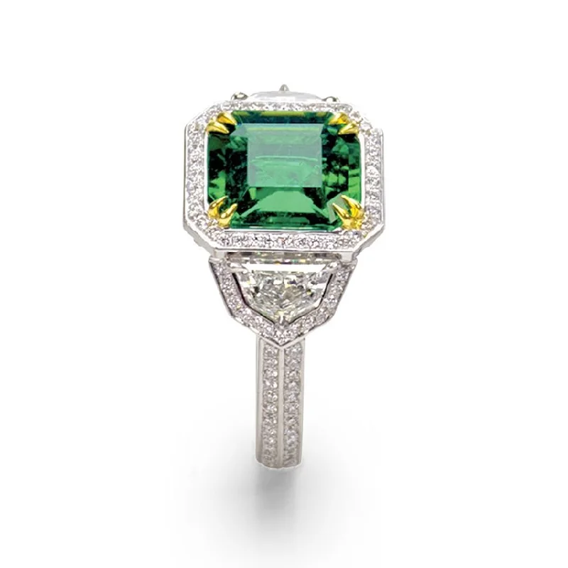 women’s diamond wedding engagement ring-Platinum, 18k Yellow Gold, Emerald and Diamond Ring