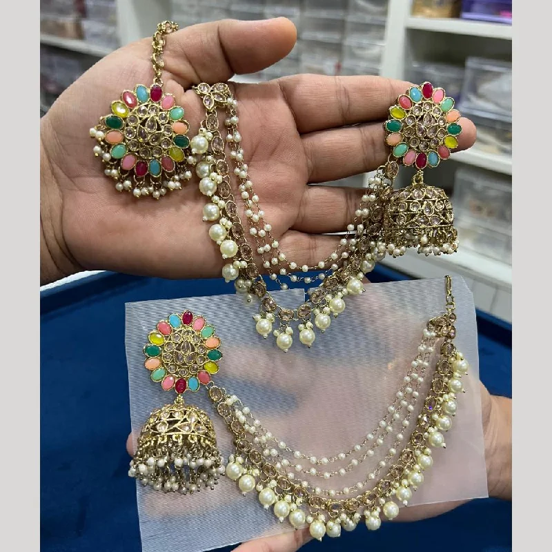 women’s floral earrings-Hira Collections Gold Plated Crystal Stone & Beads Jhumkis Earrings With Maang tikka