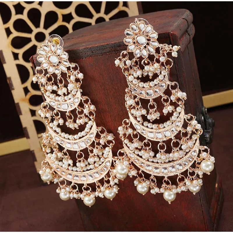 women’s matching earrings-Etnico 18k Rose Gold Plated 3 Layered Beaded Chandbali Earrings with Kundan and Pearl Work for Women (E2859RG)