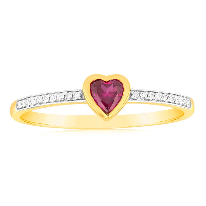 women’s solitaire engagement ring-Created Ruby & Heart Shaped Diamond Ring in 9ct Yellow Gold