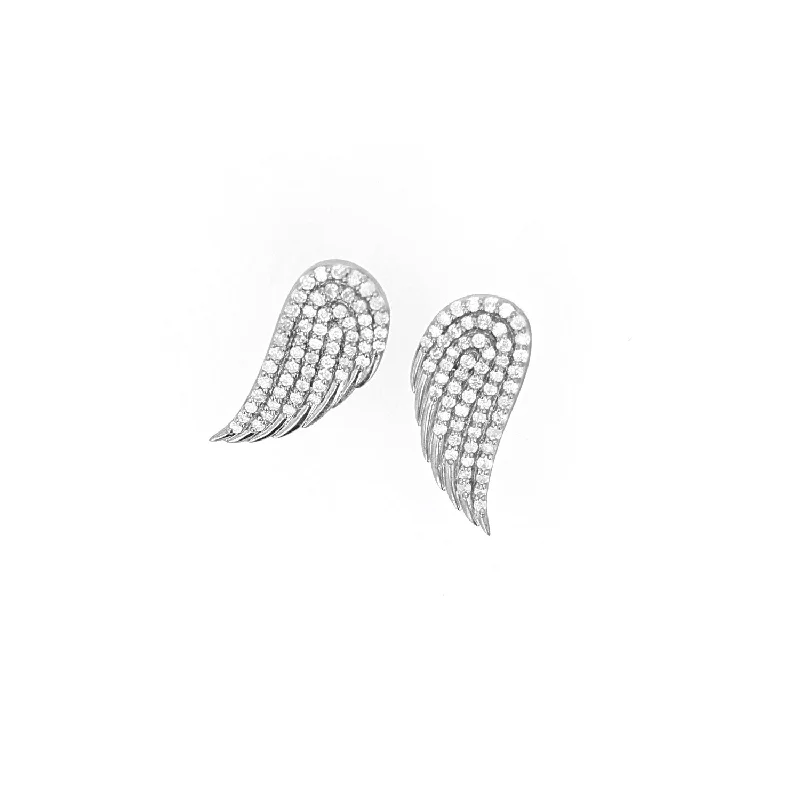 women’s oval earrings-Pave Diamond Silver Angel Wing Stud Earrings  E0000651