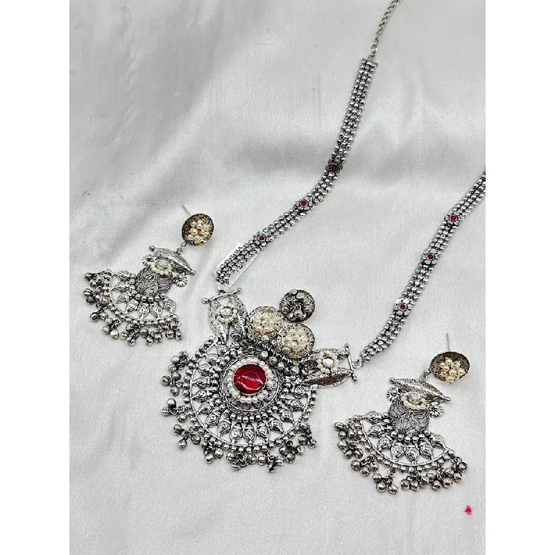 women’s chain necklace-Akruti Collection Oxidised Plated Pota Stone Necklace Set