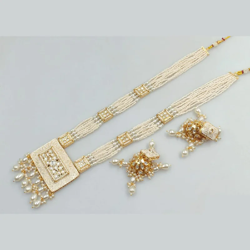 women’s silver chain necklace-Rani Sati Jewels Gold Plated Kundan Stone And Pearls Long Necklace Set