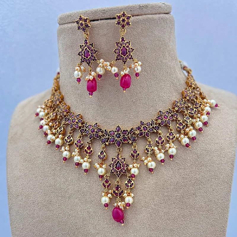 women’s diamond necklace-Jewel Addiction Gold Plated Pota Stone And Pearls Necklace Set