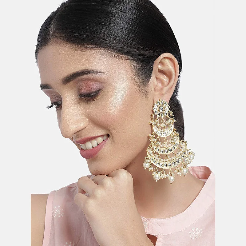 women’s oval earrings-Etnico 18k Gold Plated 3 Layered Beaded Chandbali Earrings with Kundan and Pearl Work for Women (E2859)