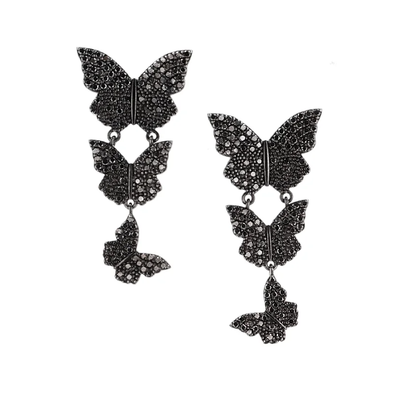 women’s statement gemstone earrings-Black Diamond Pave Butterfly Triple Dangle Earrings  EB000018