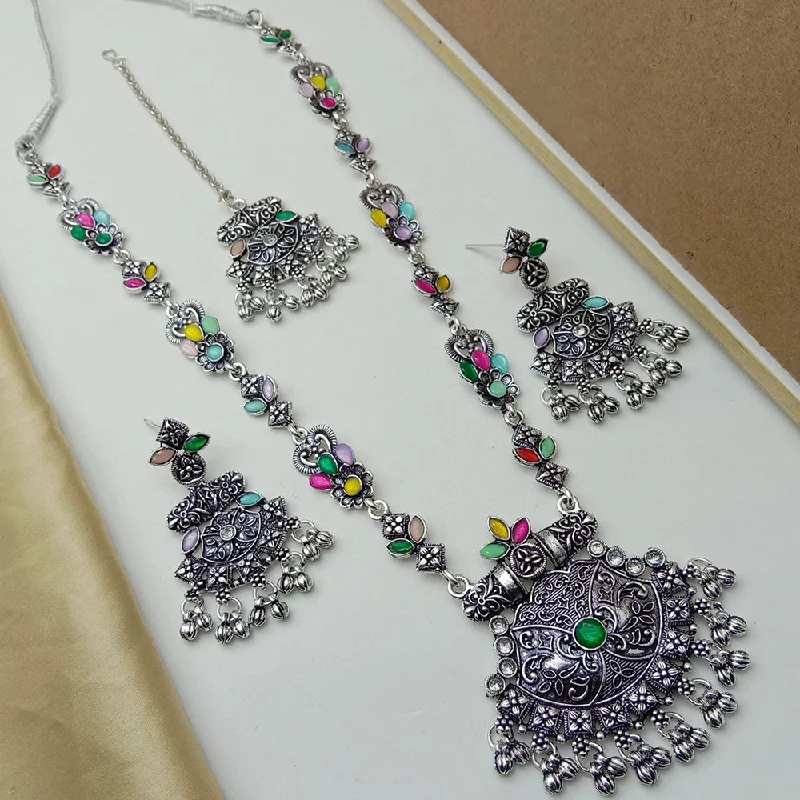 women’s diamond chain necklace-SP Jewellery Oxidised Plated Pota Stone Necklace Set